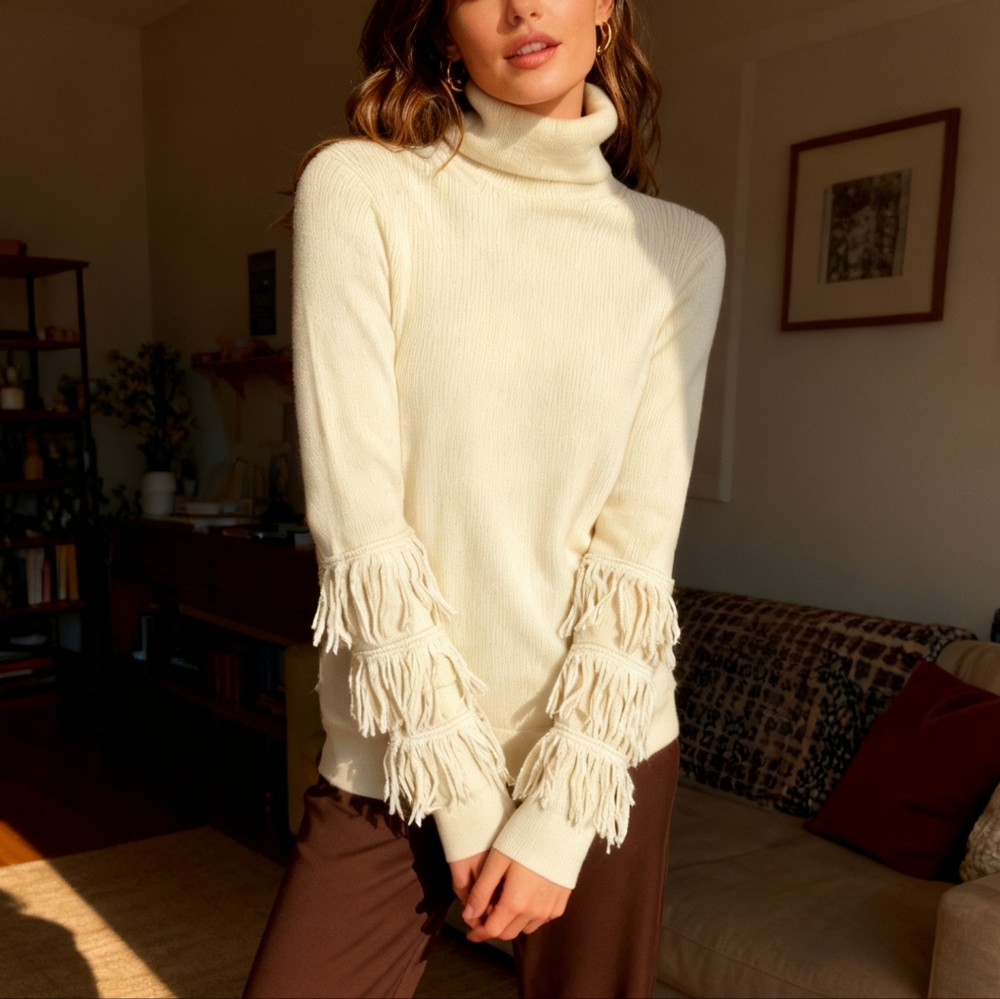 Michael Kors Cream Turtleneck Sweater Size S Fringe Sleeve Wool Cashmere Blend